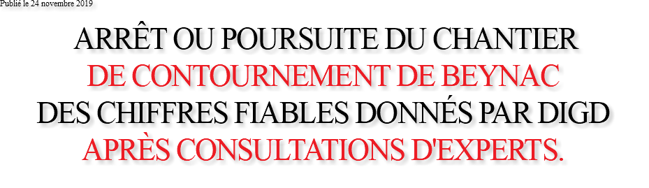 Publié le 24 novembre 2019 ARRÊT OU POURSUITE DU CHANTIER DE CONTOURNEMENT DE BEYNAC DES CHIFFRES FIABLES DONNÉS PAR DIGD APRÈS CONSULTATIONS D'EXPERTS. 